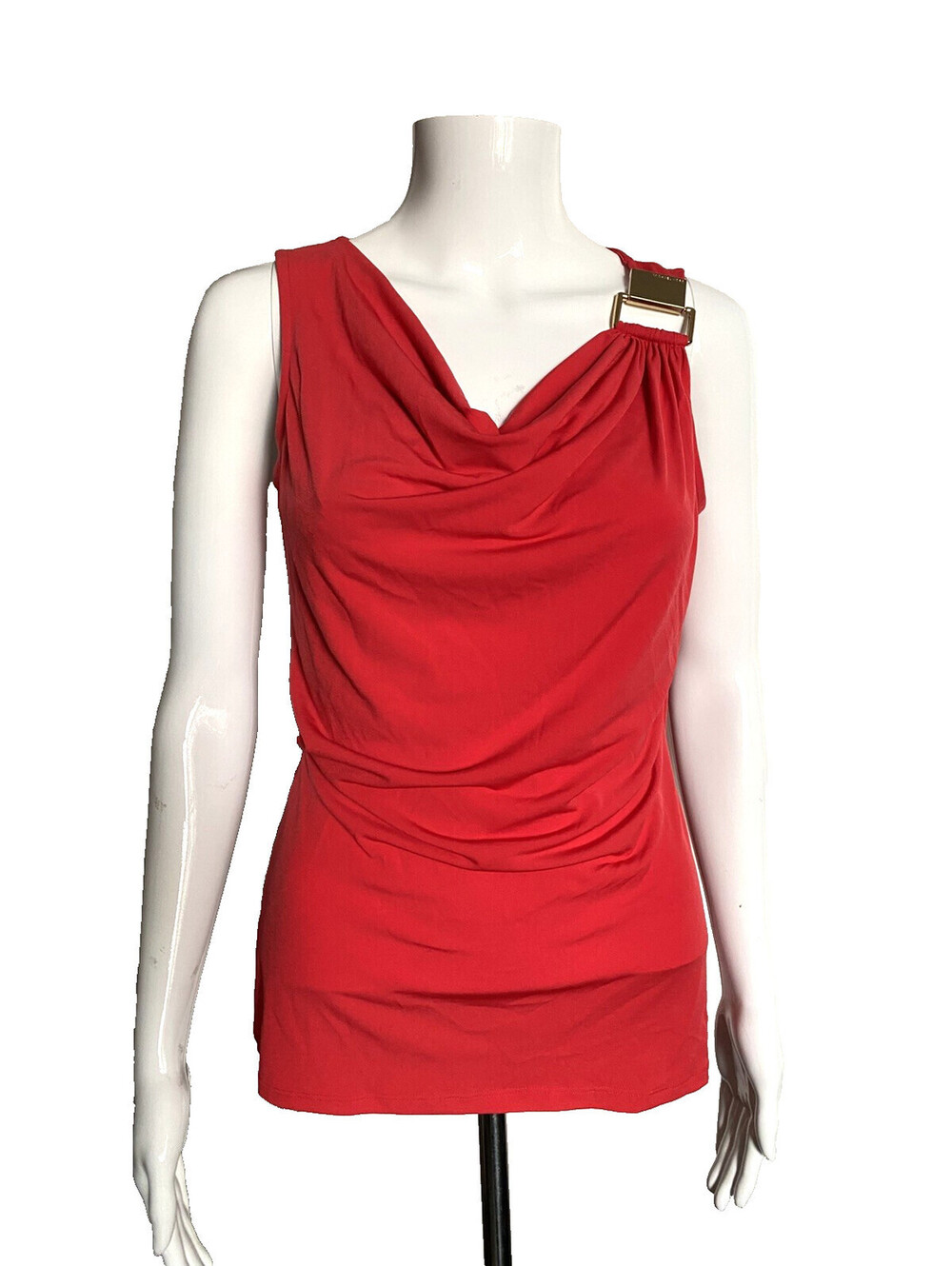 Michael Kors Women's XS Red Sleeveless Gold Detail Brooch Top Blouse